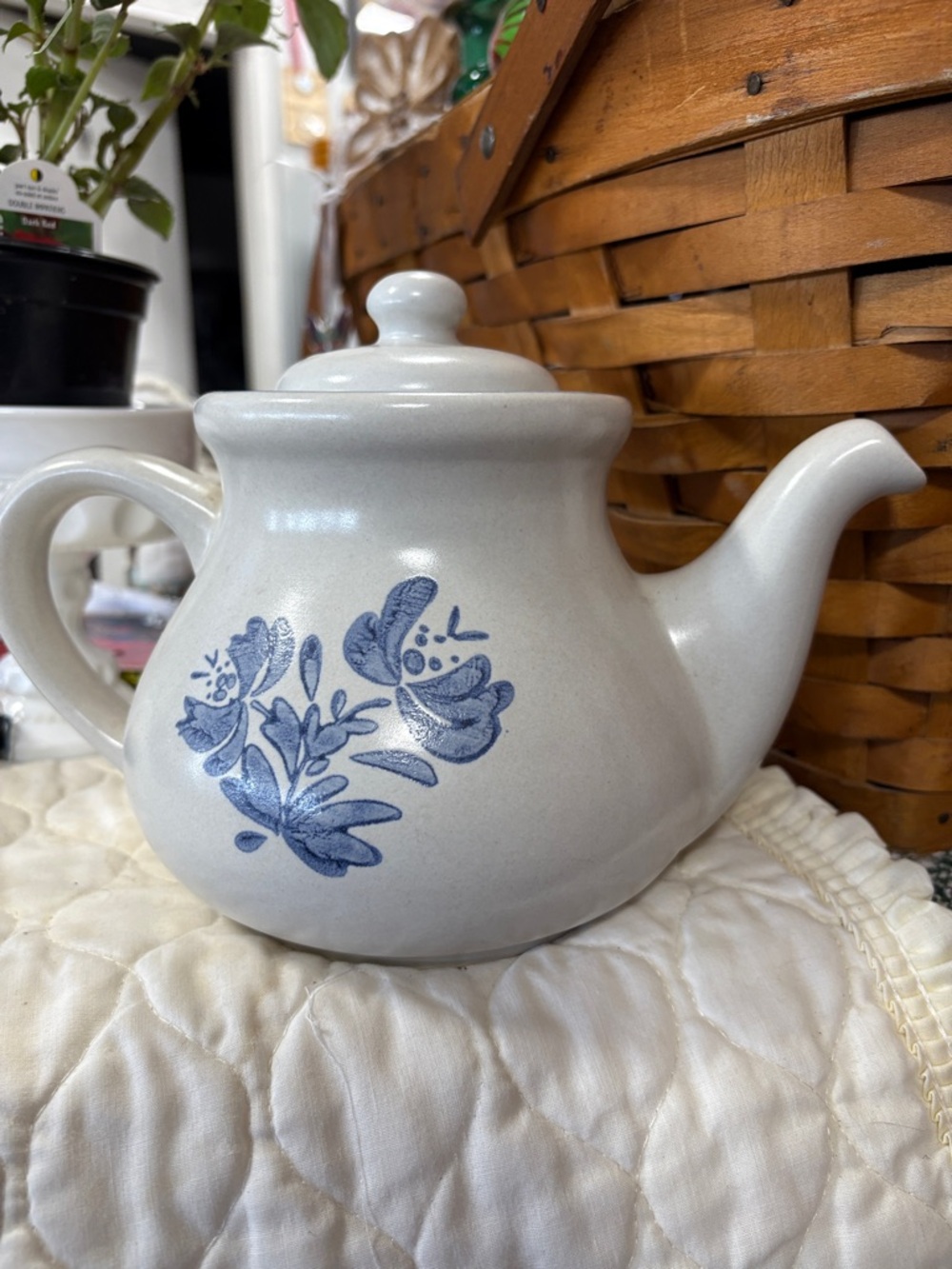 Vintage Pfaltzgraff Yorktowne Stoneware Teapot, Small Blue Floral